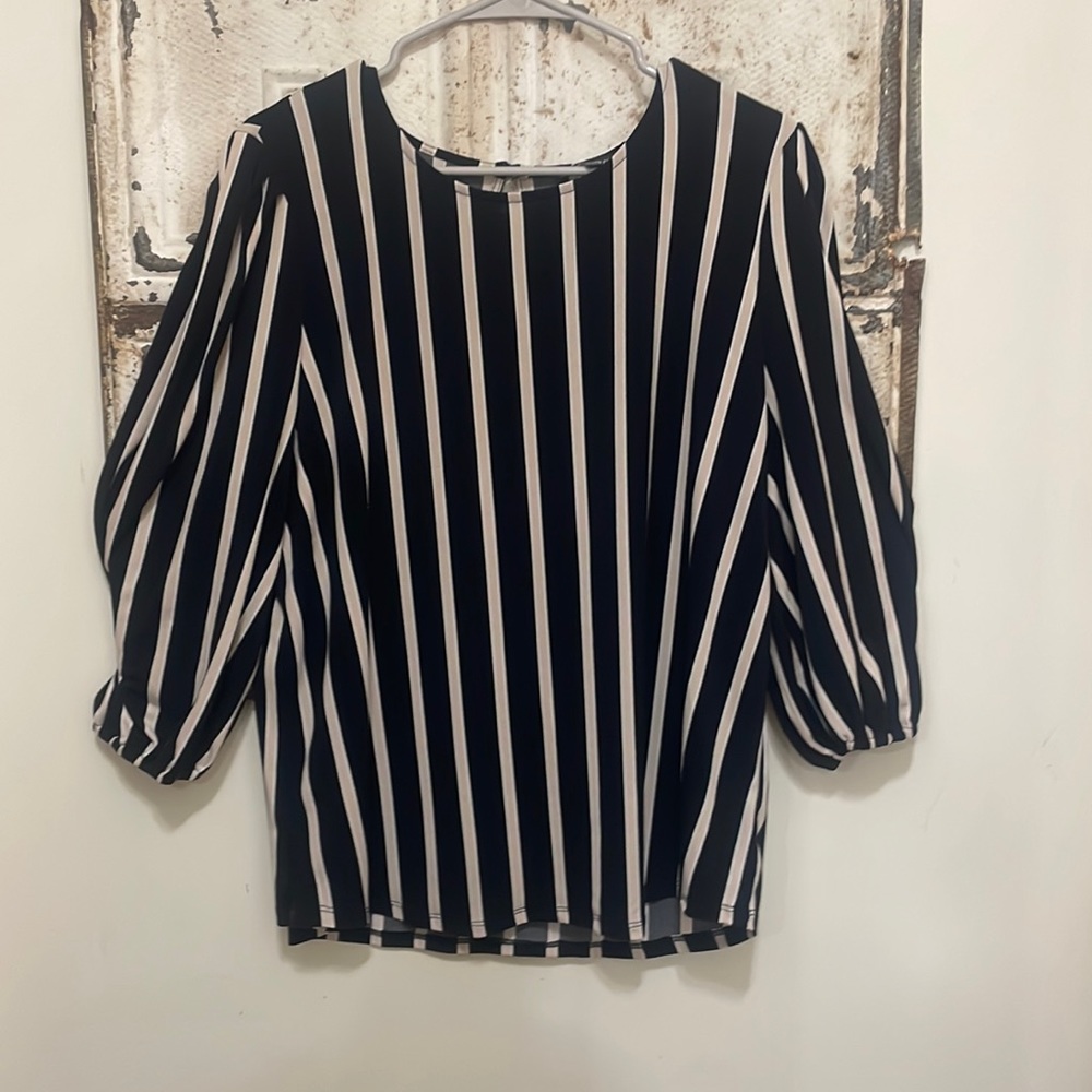 Beige and black striped blouse with puff sleeves, size xl
